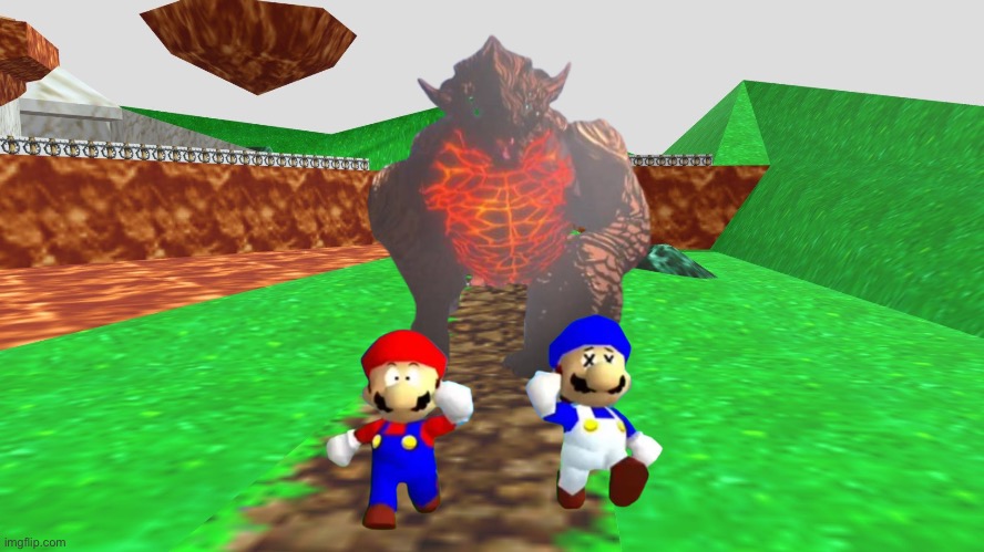 Mario and SMG4 are running away from Copperhead | image tagged in smg4,pacific_rim | made w/ Imgflip meme maker