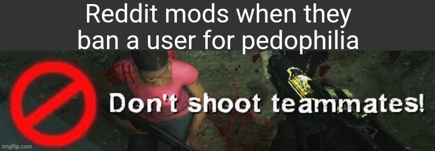 dont shoot teammates! | Reddit mods when they ban a user for pedophilia | image tagged in dont shoot teammates | made w/ Imgflip meme maker