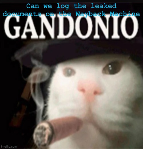 Gandonio | Can we log the leaked documents on the Wayback Machine | image tagged in gandonio | made w/ Imgflip meme maker