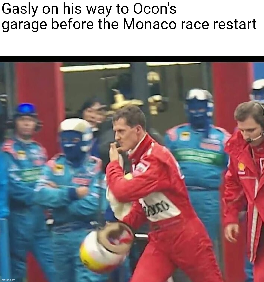 Gasly on his way to Ocon's garage before the Monaco race restart | image tagged in formula 1,racing,crash | made w/ Imgflip meme maker