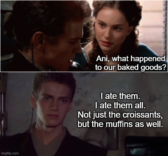 He ate them all. | Ani, what happened to our baked goods? I ate them.
I ate them all.
Not just the croissants, but the muffins as well. | image tagged in anakin skywalker,star wars,funny | made w/ Imgflip meme maker