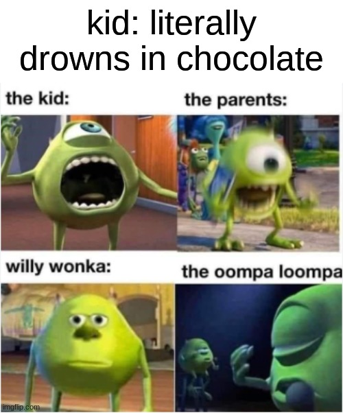 oompa loompa doompity doo | kid: literally drowns in chocolate | image tagged in memes,funny,mike wazowski,willy wonka | made w/ Imgflip meme maker