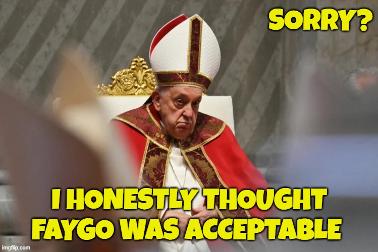ICP pope | SORRY? I HONESTLY THOUGHT FAYGO WAS ACCEPTABLE | image tagged in pope francis,pope,the pope,political correctness,catholic,catholic church | made w/ Imgflip meme maker
