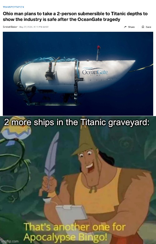 Oceangate 2? | 2 more ships in the Titanic graveyard: | image tagged in that's another one for apocalypse bingo,titanic,the ocean is thirsty,oceangate | made w/ Imgflip meme maker