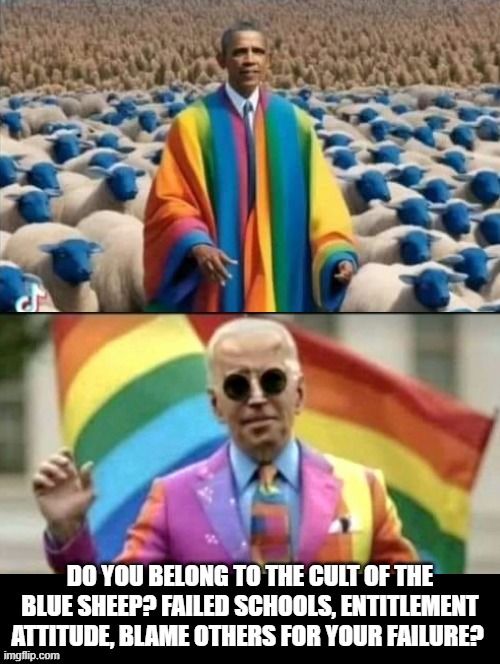 Do you belong to the cult of the blue sheep! | DO YOU BELONG TO THE CULT OF THE BLUE SHEEP? FAILED SCHOOLS, ENTITLEMENT ATTITUDE, BLAME OTHERS FOR YOUR FAILURE? | image tagged in cult,stupid people,idiots,morons,joe biden,obama | made w/ Imgflip meme maker