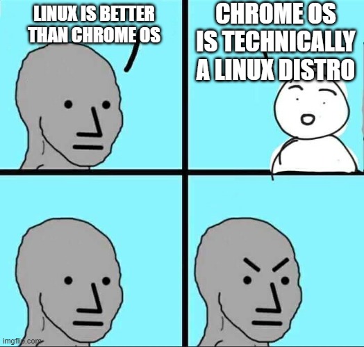 "But it's true- OWW OWWWWWWWWWWWWWW" | CHROME OS IS TECHNICALLY A LINUX DISTRO; LINUX IS BETTER THAN CHROME OS | image tagged in npc meme,linux,google chrome,chromebook,chrome,funny | made w/ Imgflip meme maker