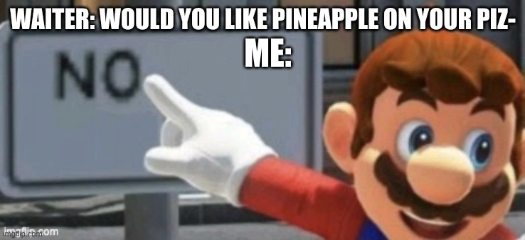 Who agrees with me? | WAITER: WOULD YOU LIKE PINEAPPLE ON YOUR PIZ-; ME: | image tagged in mario no sign | made w/ Imgflip meme maker