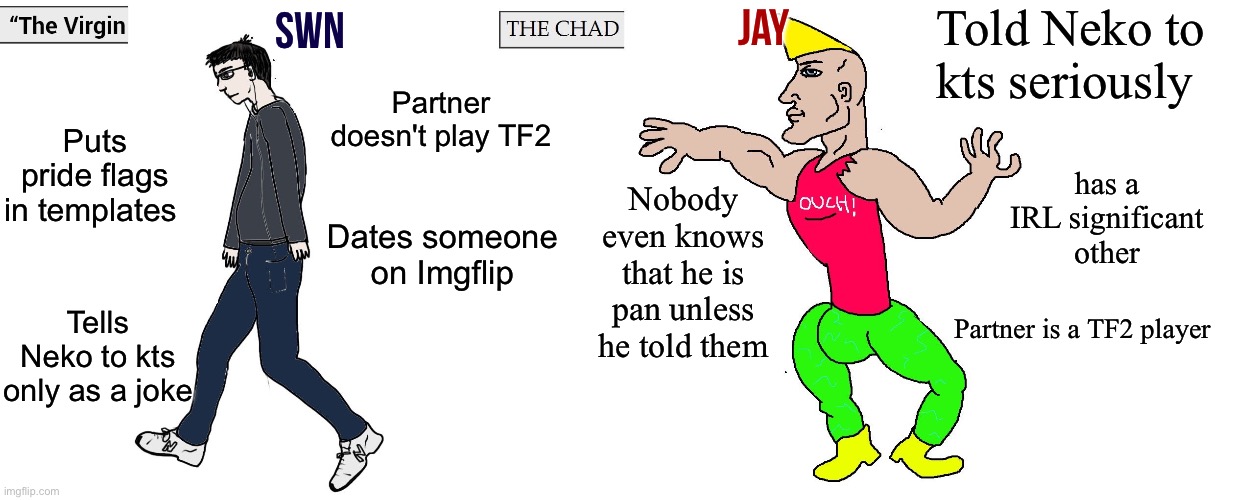 The virgin vs. the chad fixed textboxes | Jay; Told Neko to kts seriously; SWN; Partner doesn't play TF2; Puts pride flags in templates; has a IRL significant other; Nobody even knows that he is pan unless he told them; Dates someone on Imgflip; Tells Neko to kts only as a joke; Partner is a TF2 player | image tagged in the virgin vs the chad fixed textboxes | made w/ Imgflip meme maker