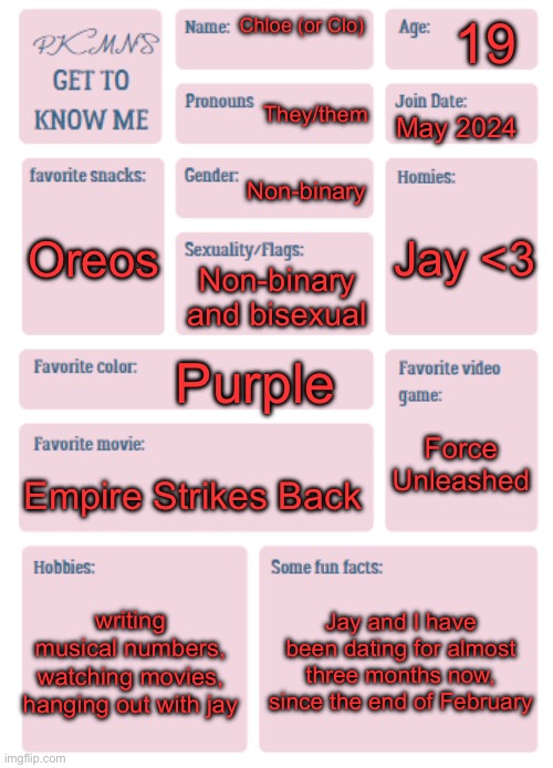 Jay made me do this lol -clo | 19; Chloe (or Clo); They/them; May 2024; Non-binary; Jay <3; Oreos; Non-binary and bisexual; Purple; Force Unleashed; Empire Strikes Back; writing musical numbers, watching movies, hanging out with jay; Jay and I have been dating for almost three months now, since the end of February | image tagged in pkmn's get to know me | made w/ Imgflip meme maker