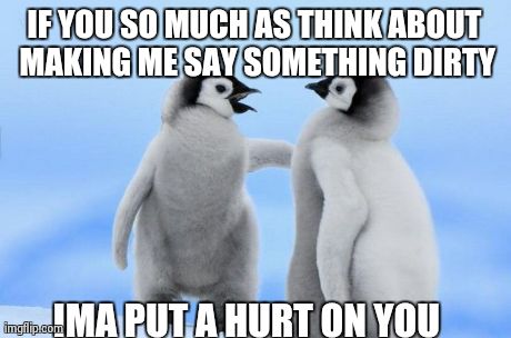 IF YOU SO MUCH AS THINK ABOUT MAKING ME SAY SOMETHING DIRTY IMA PUT A HURT ON YOU | made w/ Imgflip meme maker