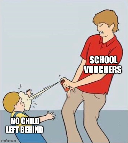 Spray kid | SCHOOL VOUCHERS; NO CHILD LEFT BEHIND | image tagged in spray kid,funny memes | made w/ Imgflip meme maker