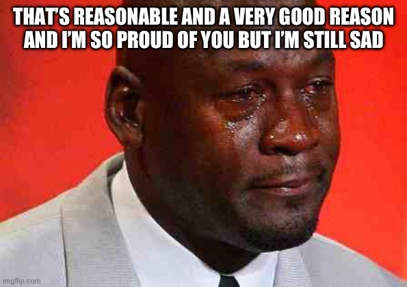 I feel like I’ve lost a friend. I’m happy for him though. He was brave. He’s not dead, just…not here | THAT’S REASONABLE AND A VERY GOOD REASON AND I’M SO PROUD OF YOU BUT I’M STILL SAD | image tagged in crying michael jordan,p,pthecanadiandrone,reset,lost friend,salute | made w/ Imgflip meme maker