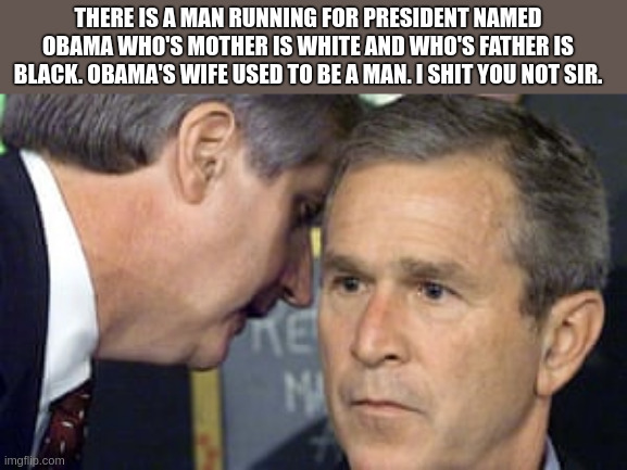 I have some bad news sir | THERE IS A MAN RUNNING FOR PRESIDENT NAMED OBAMA WHO'S MOTHER IS WHITE AND WHO'S FATHER IS BLACK. OBAMA'S WIFE USED TO BE A MAN. I SHIT YOU NOT SIR. | image tagged in george bush 9/11,obama,michele obama,election,weird | made w/ Imgflip meme maker