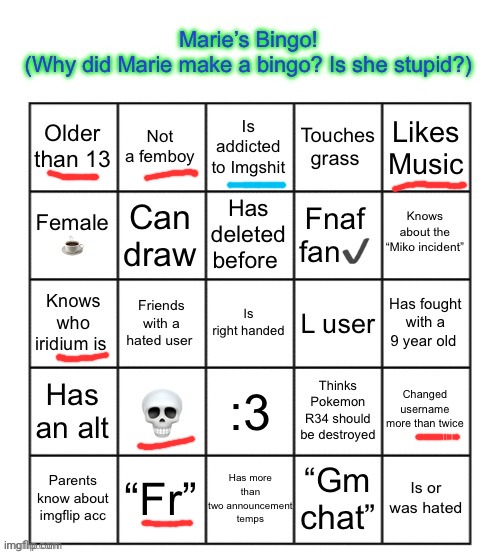 The Marie Bingo! | image tagged in the marie bingo | made w/ Imgflip meme maker