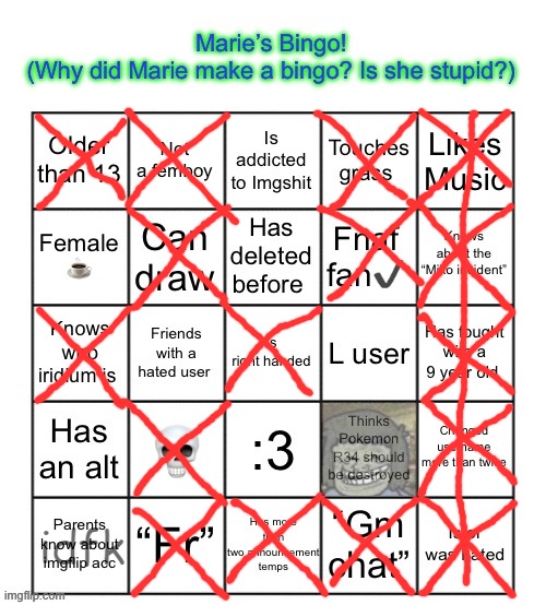 The Marie Bingo! | idfk | image tagged in the marie bingo | made w/ Imgflip meme maker