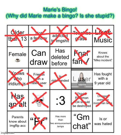 The Marie Bingo! | image tagged in the marie bingo | made w/ Imgflip meme maker