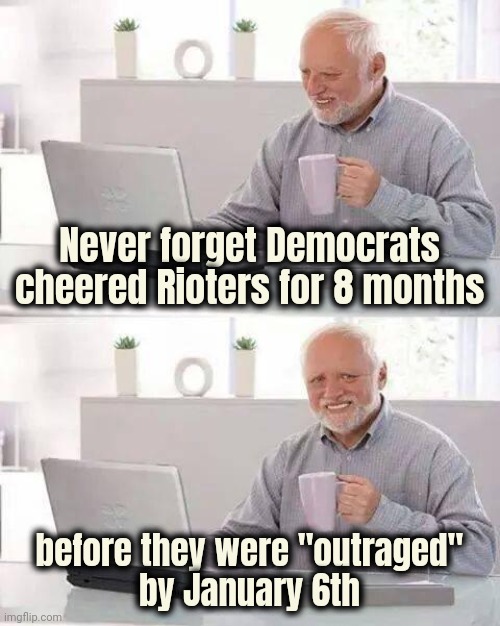Just a reminder | Never forget Democrats cheered Rioters for 8 months; before they were "outraged"
by January 6th | image tagged in memes,hide the pain harold,politicians suck,government corruption,too damn high,time for a change | made w/ Imgflip meme maker