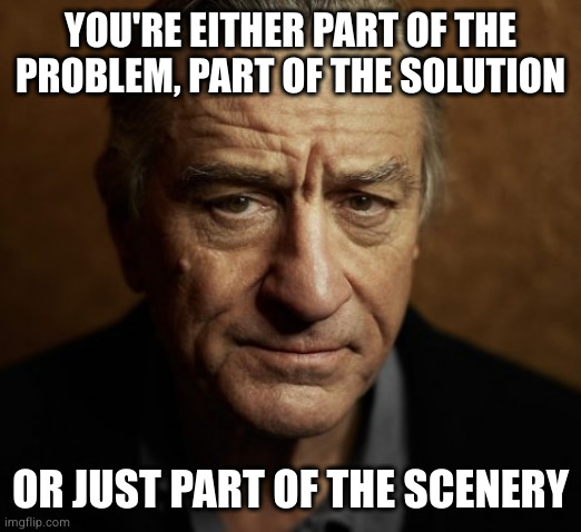 Robert Deniro Listen | YOU'RE EITHER PART OF THE PROBLEM, PART OF THE SOLUTION OR JUST PART OF THE SCENERY | image tagged in robert deniro listen | made w/ Imgflip meme maker