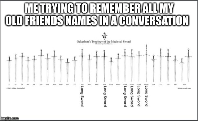 To many swords | ME TRYING TO REMEMBER ALL MY OLD FRIENDS NAMES IN A CONVERSATION | image tagged in to many swords | made w/ Imgflip meme maker