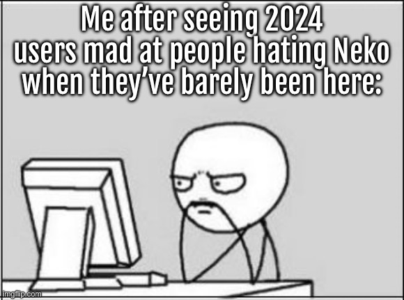 Thinking at Computer | Me after seeing 2024 users mad at people hating Neko when they’ve barely been here: | image tagged in thinking at computer | made w/ Imgflip meme maker