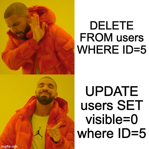 Drake Hotline Bling Meme | DELETE FROM users WHERE ID=5; UPDATE users SET visible=0 where ID=5 | image tagged in memes,drake hotline bling | made w/ Imgflip meme maker