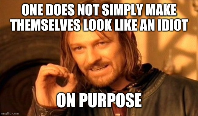 Complete Morons | ONE DOES NOT SIMPLY MAKE THEMSELVES LOOK LIKE AN IDIOT; ON PURPOSE | image tagged in memes,one does not simply,funny memes | made w/ Imgflip meme maker
