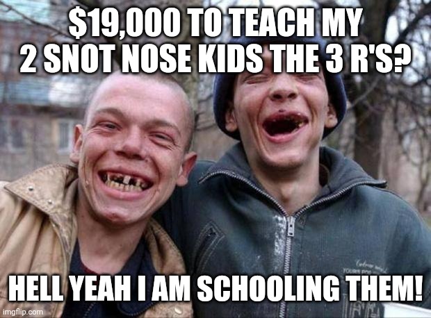 No teeth | $19,000 TO TEACH MY 2 SNOT NOSE KIDS THE 3 R'S? HELL YEAH I AM SCHOOLING THEM! | image tagged in no teeth | made w/ Imgflip meme maker