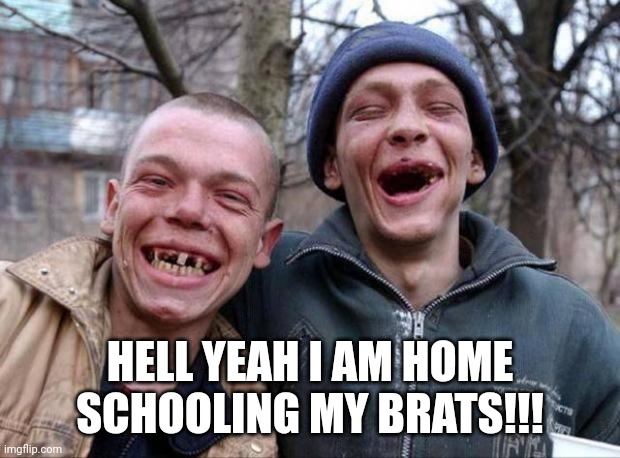 No teeth | HELL YEAH I AM HOME SCHOOLING MY BRATS!!! | image tagged in no teeth | made w/ Imgflip meme maker