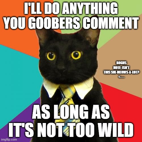 brazilian | I'LL DO ANYTHING YOU GOOBERS COMMENT; BOGUS NOTE: ISN'T THIS SIR-MEOWS-A-LOT?
<----; AS LONG AS IT'S NOT TOO WILD | image tagged in memes,business cat | made w/ Imgflip meme maker