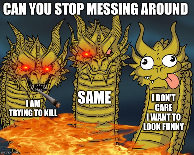 the odd one | CAN YOU STOP MESSING AROUND; SAME; I DON'T CARE I WANT TO LOOK FUNNY; I AM TRYING TO KILL | image tagged in three-headed dragon | made w/ Imgflip meme maker