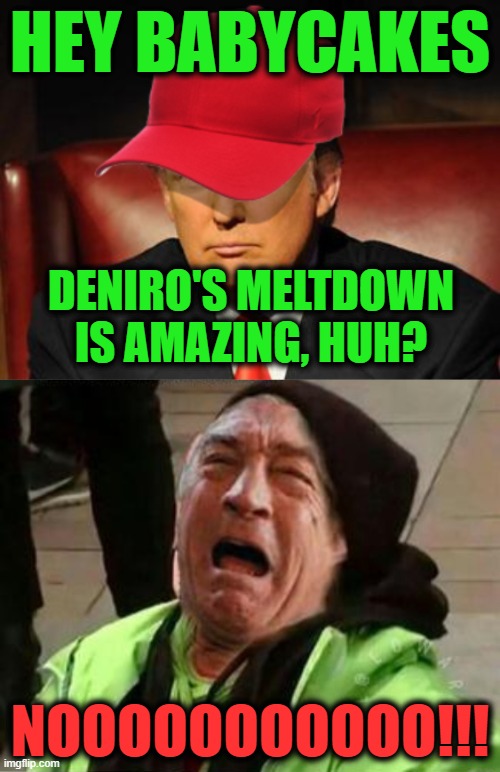 Trump and DeNoro | HEY BABYCAKES; DENIRO'S MELTDOWN IS AMAZING, HUH? NOOOOOOOOOOO!!! | image tagged in trump and denoro | made w/ Imgflip meme maker
