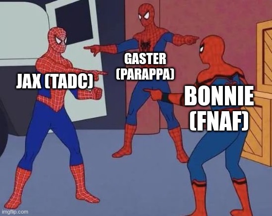 3 Spiderman Pointing | JAX (TADC) GASTER (PARAPPA) BONNIE (FNAF) | image tagged in 3 spiderman pointing | made w/ Imgflip meme maker