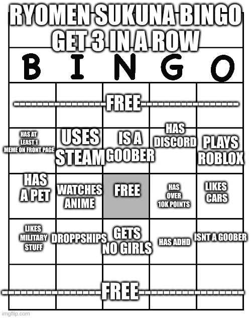 bingo time | RYOMEN SUKUNA BINGO
GET 3 IN A ROW; ----------------FREE-----------------; HAS DISCORD; PLAYS
ROBLOX; IS A
GOOBER; USES STEAM; HAS AT 
LEAST 1
MEME ON FRONT PAGE; HAS A PET; WATCHES ANIME; HAS OVER 10K POINTS; LIKES 
CARS; FREE; DROPPSHIPS; GETS NO GIRLS; LIKES 
MILITARY
STUFF; ISNT A GOOBER; HAS ADHD; ----------------FREE----------------- | image tagged in black flash,this tag is not important,goober | made w/ Imgflip meme maker