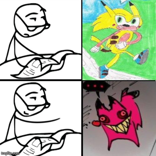SoniChu SUCKS! Cursed Cat Alastor RULES! | image tagged in newspaper guy,drake hotline bling,rage comics,newspaper,approval,disapproval | made w/ Imgflip meme maker