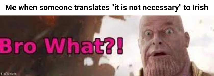 do it | Me when someone translates "it is not necessary" to Irish | image tagged in thanos - bro what | made w/ Imgflip meme maker