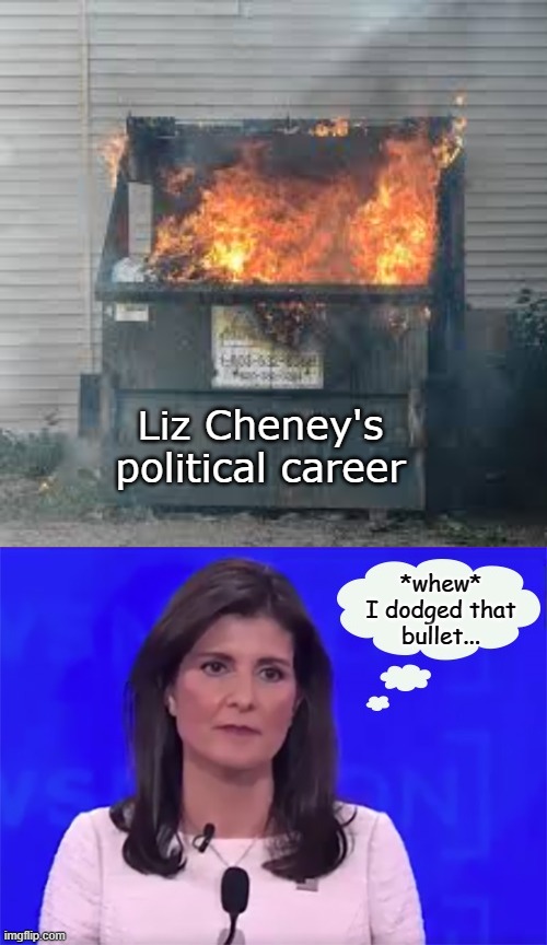 Liz Cheney's political career *whew*

I dodged that bullet... | image tagged in dumpster fire,nikki haley blank stare | made w/ Imgflip meme maker