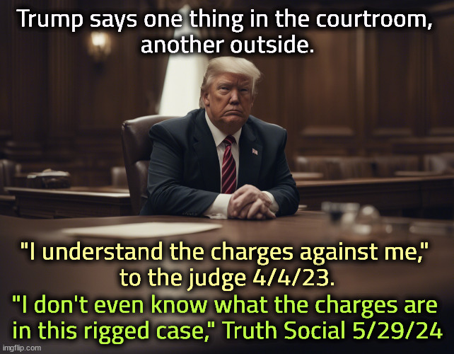 Trump lying again? | Trump says one thing in the courtroom, 
another outside. "I understand the charges against me," 
to the judge 4/4/23. "I don't even know what the charges are 
in this rigged case," Truth Social 5/29/24 | image tagged in trump,courtroom,lies,truth social,nonsense | made w/ Imgflip meme maker