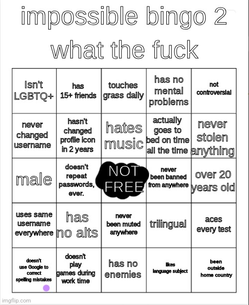 I'm did it | image tagged in impossible bingo 2 | made w/ Imgflip meme maker