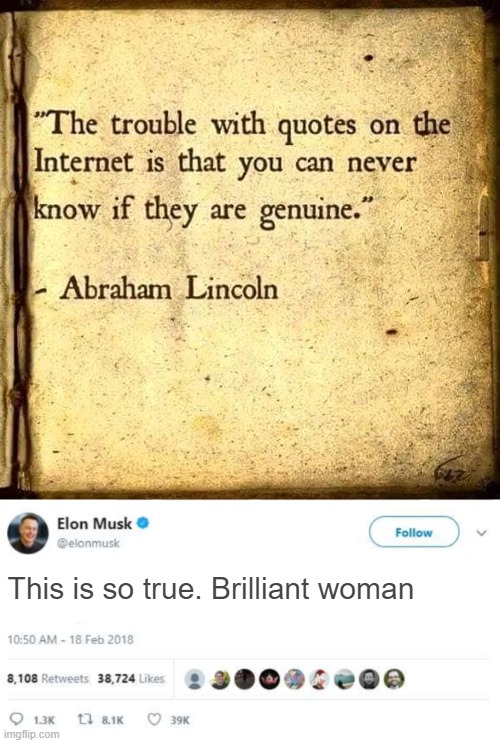 This is so true. Brilliant woman | image tagged in elon musk fake twitter,funny,the internet | made w/ Imgflip meme maker