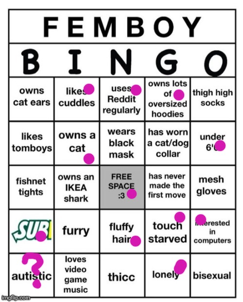 don't have any of the clothes cus I'd get murdered | image tagged in femboy bingo | made w/ Imgflip meme maker