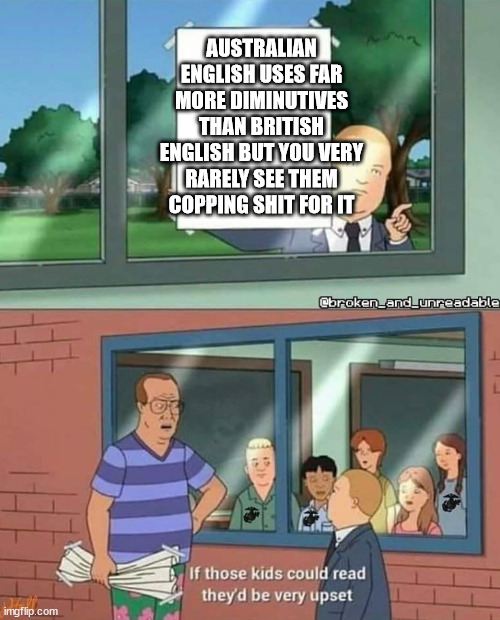 Bobby Hill if those kids could read | AUSTRALIAN ENGLISH USES FAR MORE DIMINUTIVES THAN BRITISH ENGLISH BUT YOU VERY RARELY SEE THEM COPPING SHIT FOR IT | image tagged in bobby hill if those kids could read | made w/ Imgflip meme maker