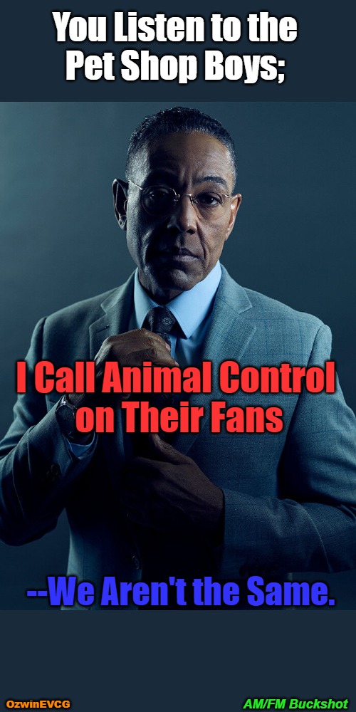 AM/FM Buckshot | You Listen to the 

Pet Shop Boys;; I Call Animal Control 

on Their Fans; --We Aren't the Same. AM/FM Buckshot; OzwinEVCG | image tagged in extreme,gus fring,funny,not the same,memes,music taste | made w/ Imgflip meme maker