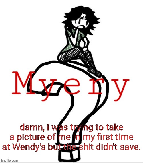 ashley but myery | damn, i was trying to take a picture of me in my first time at Wendy's but the shit didn't save. | image tagged in ashley but myery | made w/ Imgflip meme maker