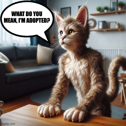 I'm adopted | WHAT DO YOU MEAN, I'M ADOPTED? | image tagged in adopted,cat | made w/ Imgflip meme maker