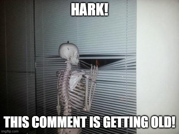 Skeleton Looking Out Window | HARK! THIS COMMENT IS GETTING OLD! | image tagged in skeleton looking out window | made w/ Imgflip meme maker