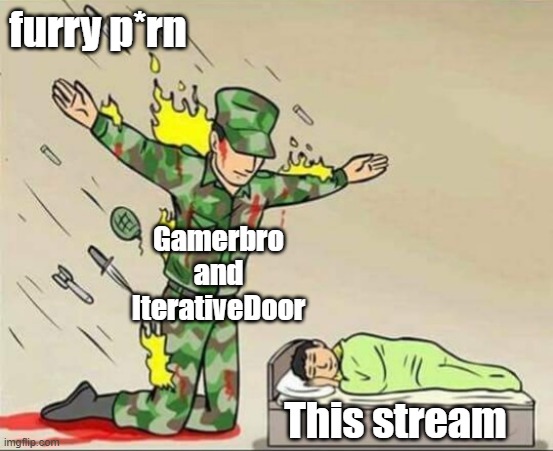 Pain | furry p*rn; Gamerbro and IterativeDoor; This stream | image tagged in soldier protecting sleeping child | made w/ Imgflip meme maker