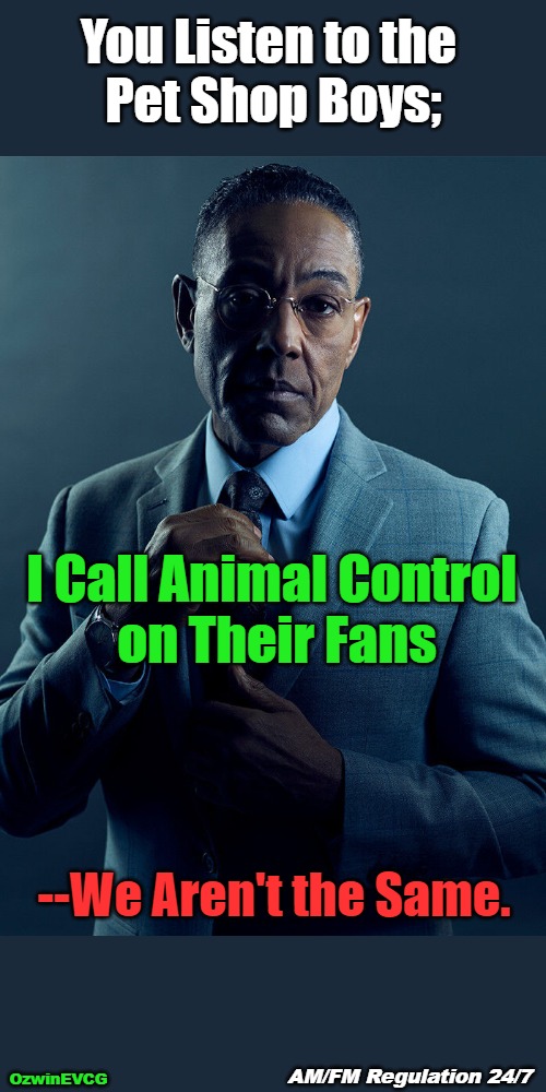 AM/FM Regulation 24/7 | You Listen to the 

Pet Shop Boys;; I Call Animal Control 

on Their Fans; --We Aren't the Same. AM/FM Regulation 24/7; OzwinEVCG | image tagged in gus fring,memes,not the same,funny,music taste,comparison table | made w/ Imgflip meme maker