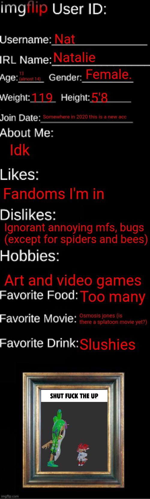 imgflip ID Card | Nat; Natalie; Female. 13 (almost 14); 119; 5'8; Somewhere in 2020 this is a new acc; Idk; Fandoms I'm in; Ignorant annoying mfs, bugs (except for spiders and bees); Art and video games; Too many; Osmosis jones (is there a splatoon movie yet?); Slushies | image tagged in imgflip id card | made w/ Imgflip meme maker