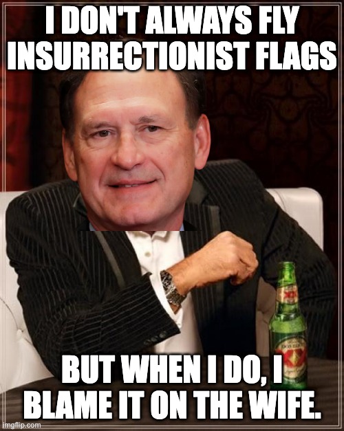 Alito | I DON'T ALWAYS FLY INSURRECTIONIST FLAGS; BUT WHEN I DO, I BLAME IT ON THE WIFE. | image tagged in memes,the most interesting man in the world | made w/ Imgflip meme maker