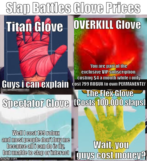 You guys are getting paid template | Slap Battles Glove Prices; OVERKILL Glove; Titan Glove; You are part of the exclusive VIP subscription, costing $4 a month while i only cost 799 ROBUX to own PERMANENTLY; Guys i can explain; The Flex Glove (Costs 100,000 slaps); Spectator Glove; Well I cost 199 robux and most people don't buy me because all i can do is fly, but unable to slap or interact; Wait, you guys cost money? | image tagged in you guys are getting paid template,slap battles,roblox | made w/ Imgflip meme maker